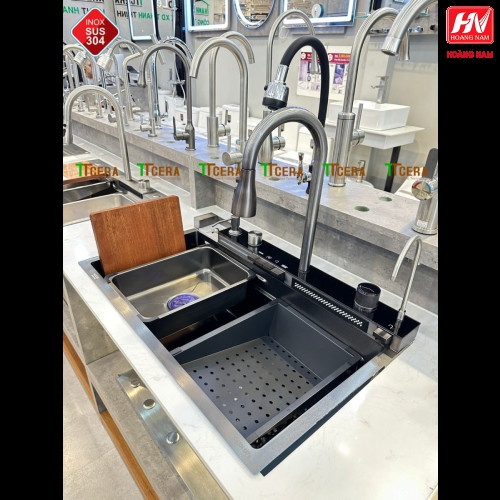 [CHÍNH HÃNG] Chậu Rửa Chén INOX 304 phím đàn nhiều chế độ thông minh hiện địa Tăng thớt và 2 khay để rau củ 800 x 460 x 230mm.