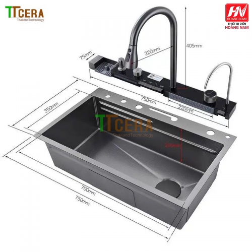 [CHÍNH HÃNG] Chậu Rửa Chén INOX 304 phím đàn nhiều chế độ thông minh hiện địa Tăng thớt và 2 khay để rau củ 800 x 460 x 230mm.