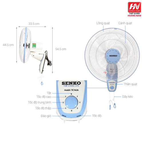 Quạt treo tường Senko 3 cánh TC1626 47W 